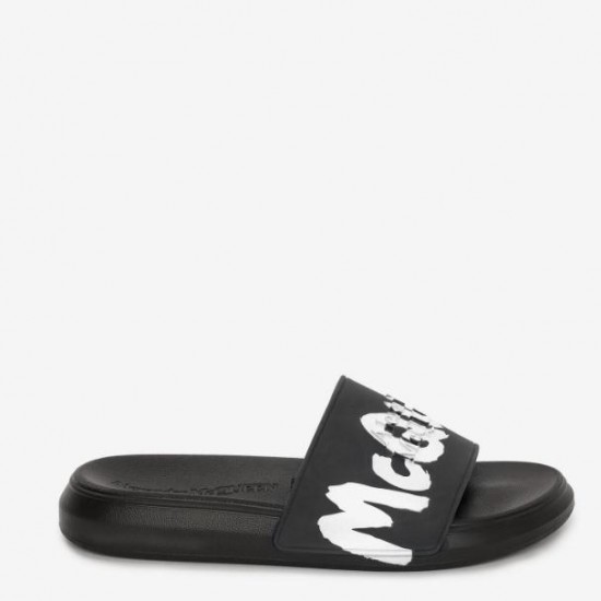 Alexander Mcqueen  Men's McQueen Graffiti Rubber Pool Slide in Black/white #  style 682490W4QS31070