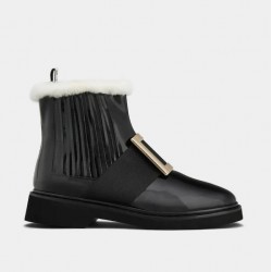 Roger Vivier  Viv' Rangers Metal Buckle Fur Booties in Patent Leather #  style  RVW54832400RB708CE