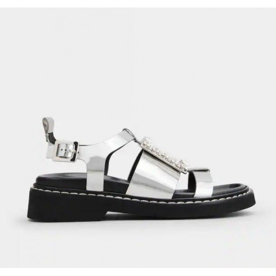 Roger Vivier  Viv' Rangers Strass Buckle Sandals in Leather  #  style  RVW640314705ESB200