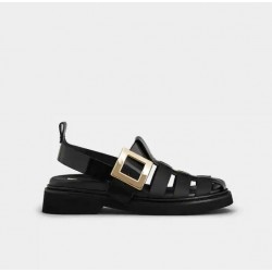 Roger Vivier  Viv' Rangers Metal Buckle Fisherman Sandals in Leather  #  style  RVW64032850AU4B999