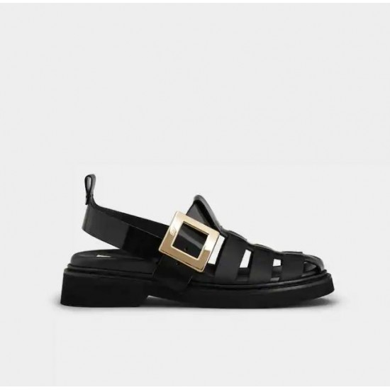 Roger Vivier  Viv' Rangers Metal Buckle Fisherman Sandals in Leather  #  style  RVW64032850AU4B999